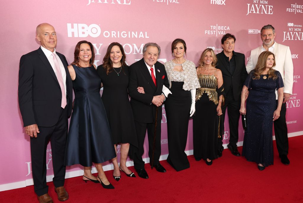 Mickey Hargitay Jr., Nelson Sardelli, Mariska Hargitay, Ellen Hargitay, Zoltan Hargitay, Peter Hermann and Jayne Marie Mansfield attend the "My Mom Jayne: A Film by Mariska Hargitay" Premiere during the 2025 Tribeca Festival at Carnegie Hall on June 13, 2025 in New York City