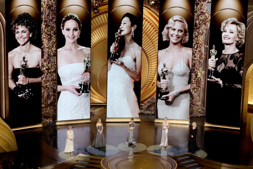 Sally Field, Jennifer Lawrence, Michelle Yeoh, Charlize Theron and Jessica Lange speak onstage during the 96th Annual Academy Awards at Dolby Theatre on March 10, 2024 in Hollywood, California.