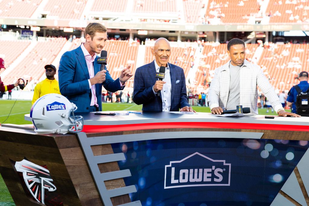 NBC Sports announcers Jac Collinsworth, Tony Dungy, and Rodney Harrison are on-air for "Football Night in America" before a NFL game between the Atlanta Falcons and the San Francisco 49ers on October 19, 2025 at Levi's Stadium in Santa Clara, CA