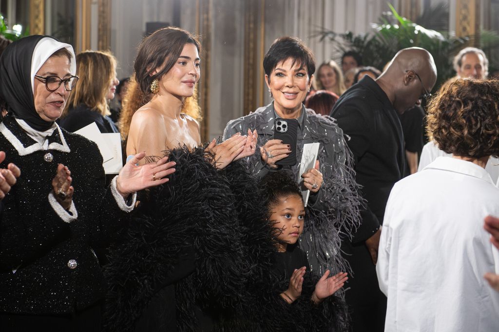 Kylie Jenner, Stormi Webster and Kris Jenner attend the Valentino Haute Couture Spring/Summer 2024 show as part of Paris Fashion Week  on January 24, 2024 in Paris, France. (Photo by Alessandro Levati/Getty Images)