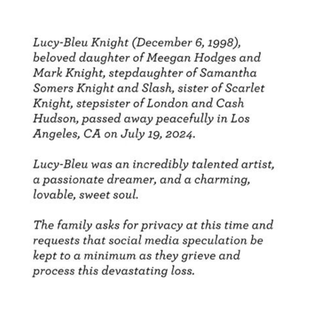 Statement from Slash announcing the death of his stepdaughter Lucy-Bleu Knight, his girlfriend Meegan Hodges' daughter