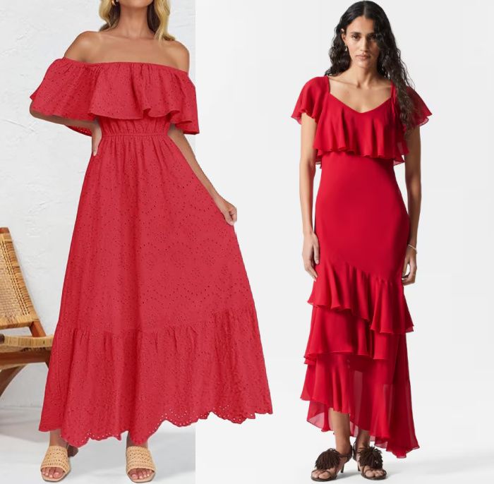 red off the shoulder bardot dress with ruffle like princess kate.