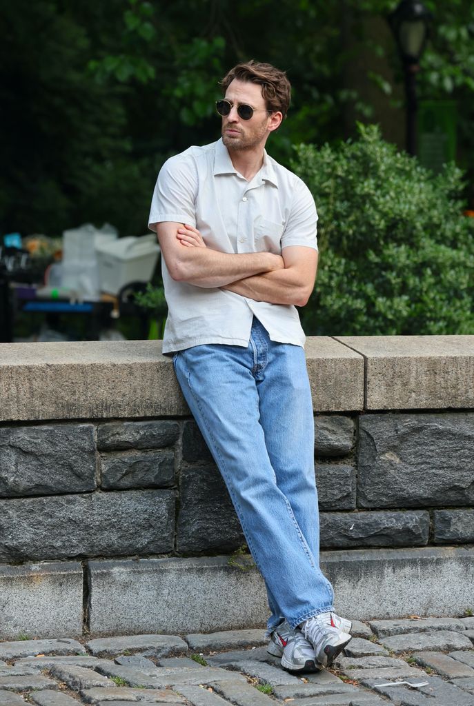 Chris Evans is seen on the movie set of "Materialists" on June 03, 2024 in New York City.  