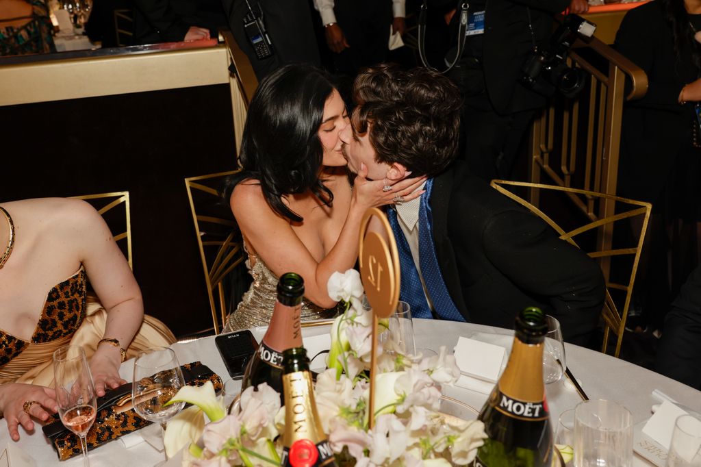 Kylie Jenner and Timothée Chalamet kissing during the 82nd Annual Golden Globes