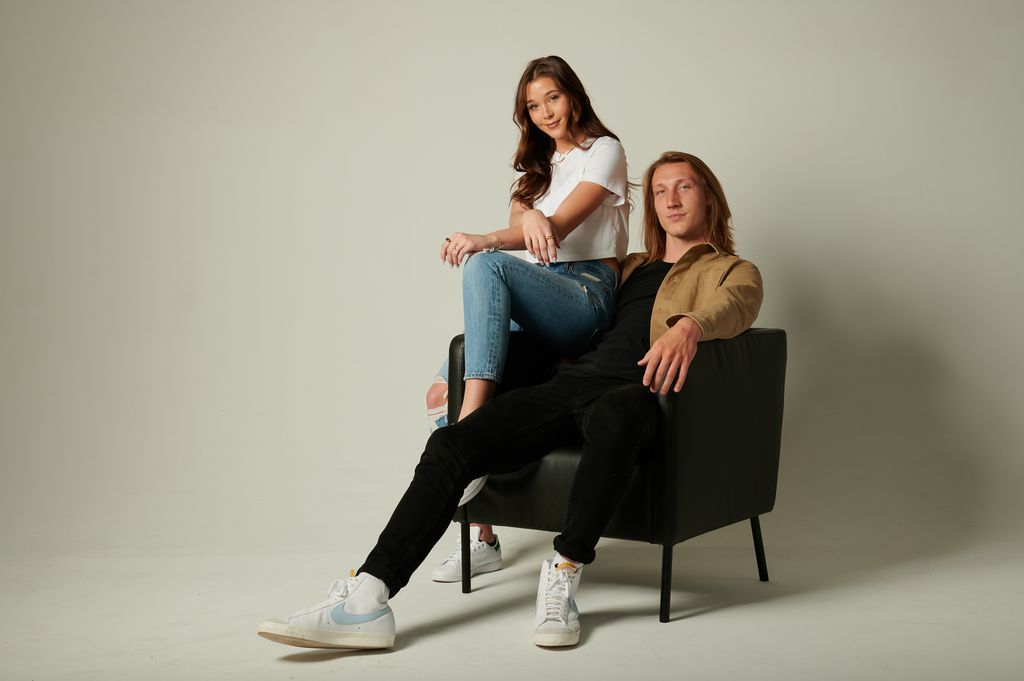 Portrait of former Clemson QB Trevor  Lawrence sitting with wife Marissa during photo shoot at Boutique Studio.
Costa Mesa, CA 3/2/2021