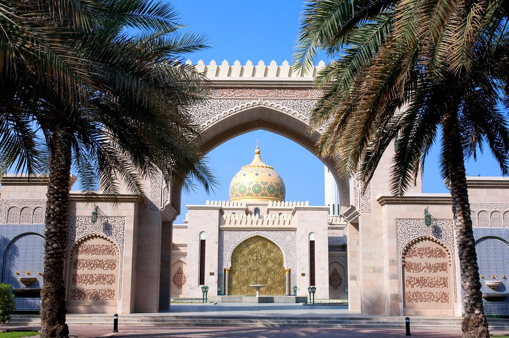 Oman, Muscat, one of the many mosques near Muscat, its particular feature is the golden portal