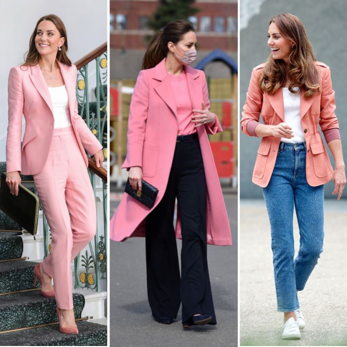 kate middleton wearing pink coat jacket and blazer