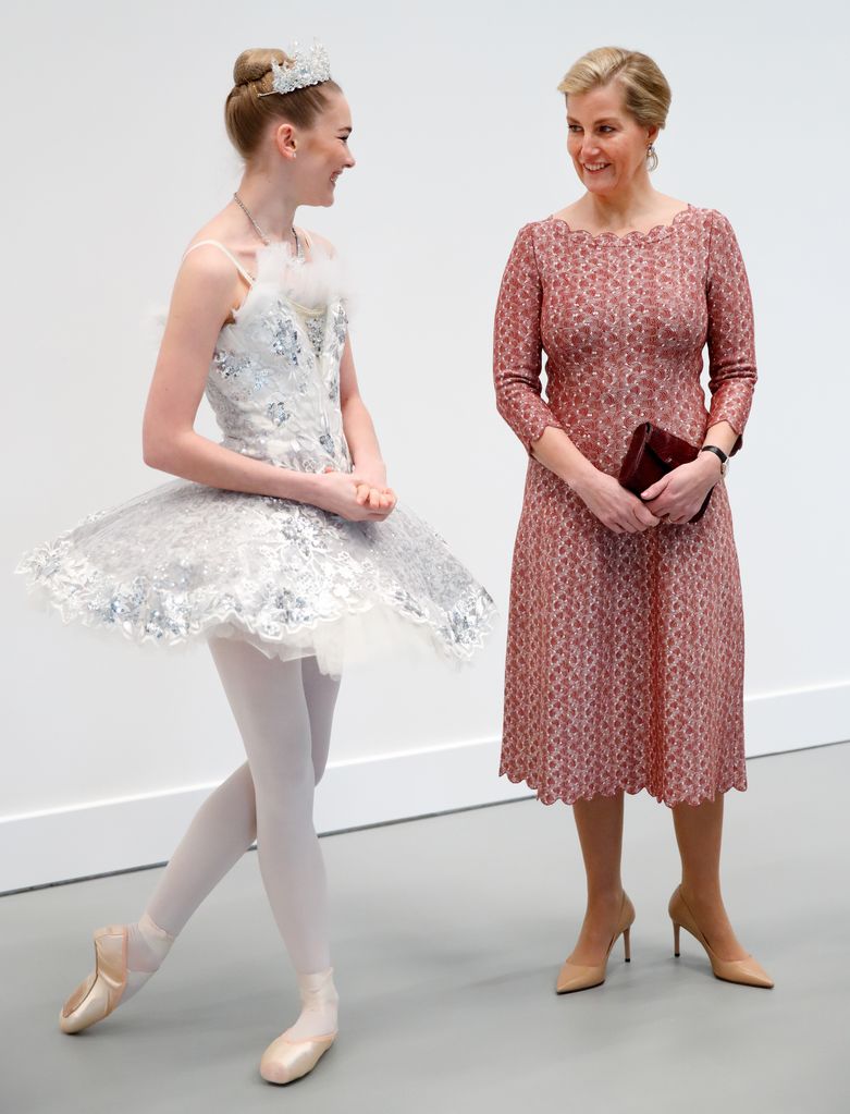 Sophie, Countess of Wessex talks with a ballet student as she opens The Countess of Wessex Studios at the Central School of Ballet's new premises 