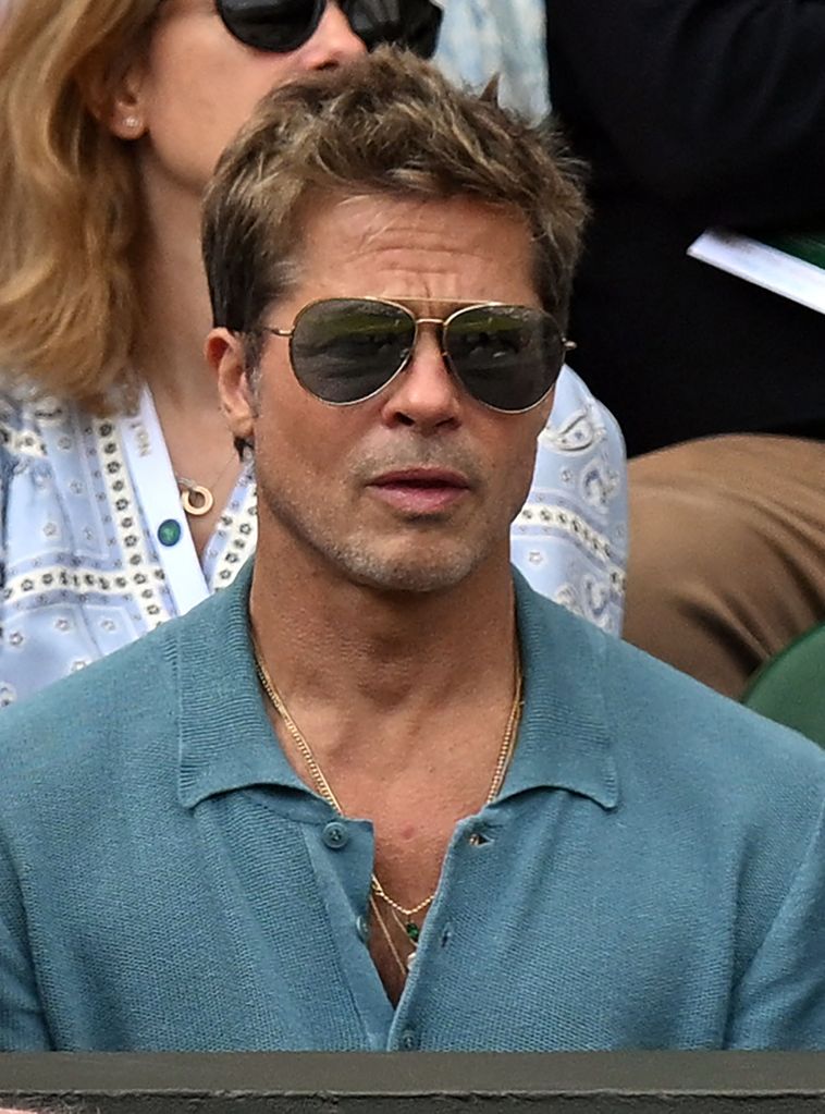 Brad Pitt watches the men's singles final tennis match between Spain's Carlos Alcaraz and Serbia's Novak Djokovic on the last day of the 2023 Wimbledon on July 16, 2023