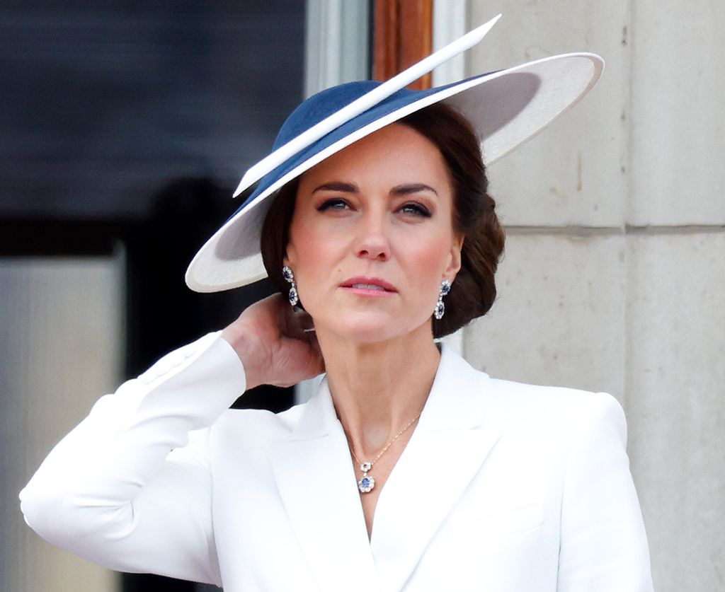 Catherine, Princess of Wales watches a flypast from the balcony of Buckingham Palace during Trooping the Colour on June 2, 2022 in London, England. Trooping The Colour, also known as The Queen's Birthday Parade, is a military ceremony performed by regiments of the British Army that has taken place since the mid-17th century. It marks the official birthday of the British Sovereign. This year, from June 2 to June 5, 2022, there is the added celebration of the Platinum Jubilee of Elizabeth II in the UK and Commonwealth to mark the 70th anniversary of her accession to the throne on 6 February 1952. (Photo by Max Mumby/Indigo/Getty Images)