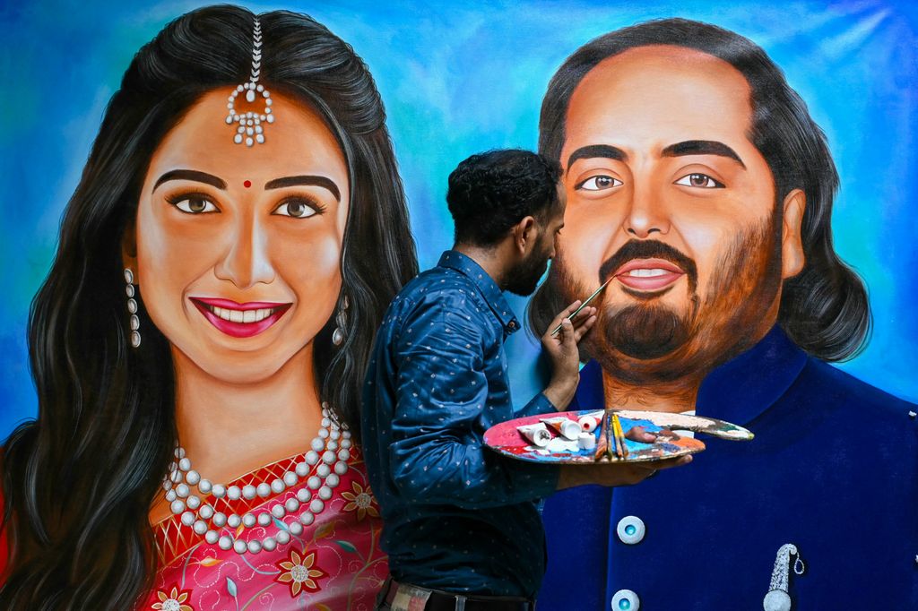 Artist Jagjot Singh Rubal paints portraits of Radhika Merchant and her fiance Anant Ambani in Amritsar