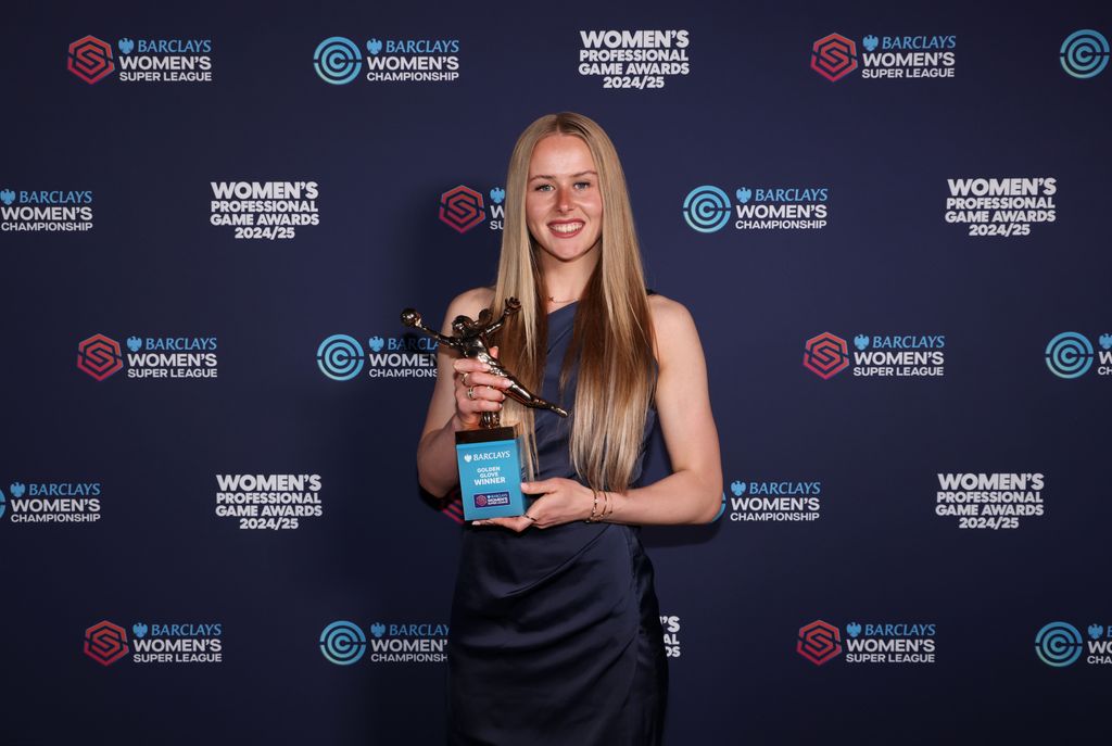Hannah Hampton of Chelsea poses for a photo with the Barclays Womenâs Super League Golden Glove award during the Women's Professional Game End Of Season Awards at Lightroom on May 11, 2025 in London, England