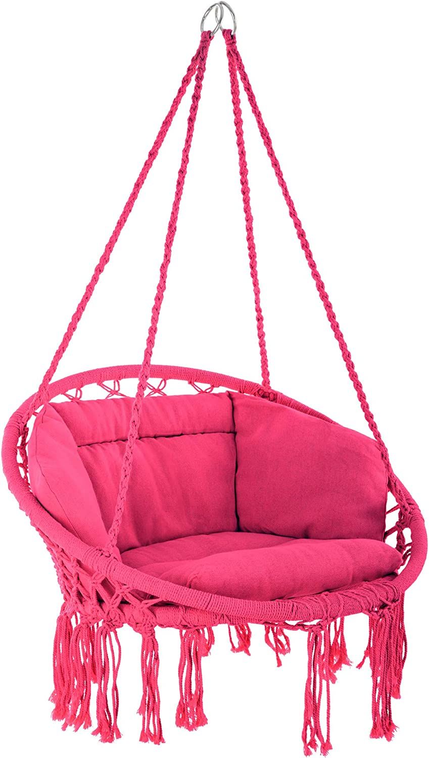 bold colour colourful pink hanging macrame chair
