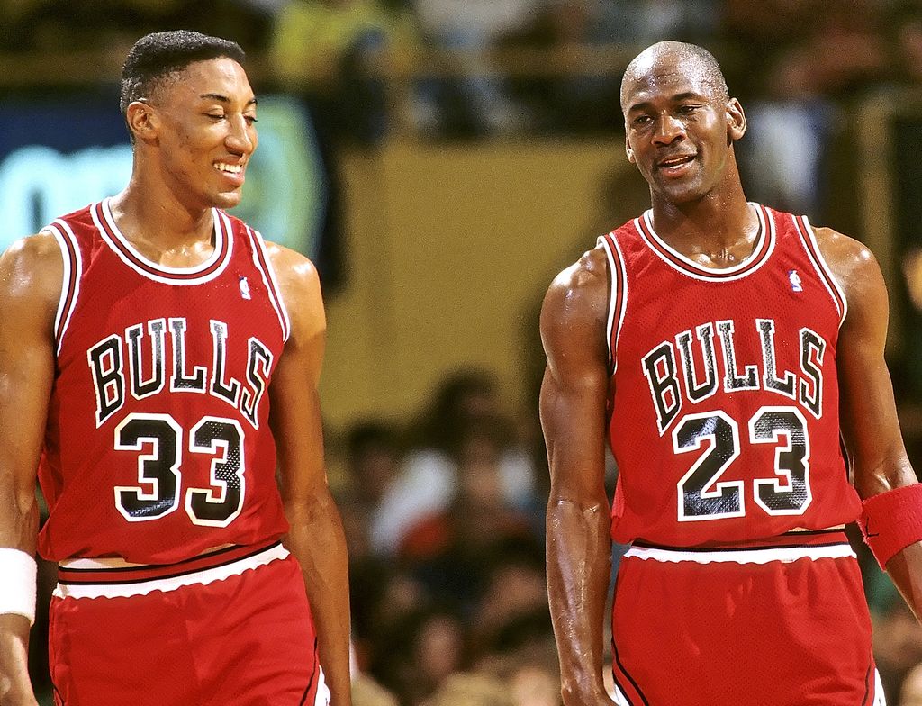 Chicago Bulls Scottie Pippen (33) and Michael Jordan (23) during game vs Boston Celtics at Boston Garden in 1990