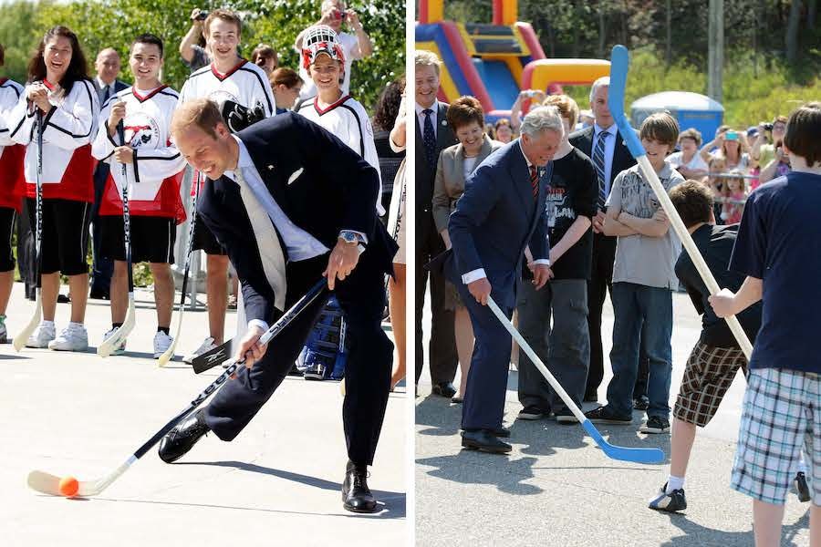 Prince William and Prince Charles playing hockey in Canada
