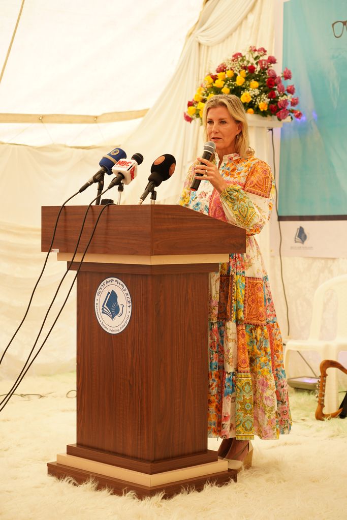 Duchess Sophie giving a speech in floral dress
