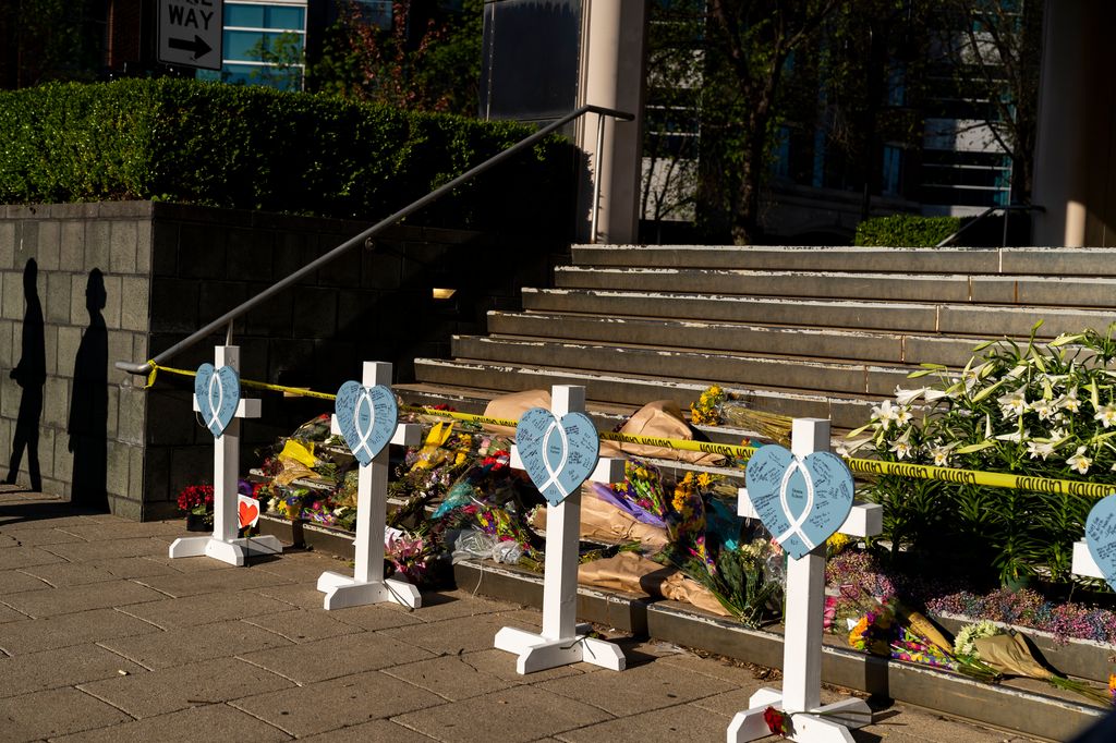 A memorial for the victims of the Old National Bank shooting in Louisville, Kentucky