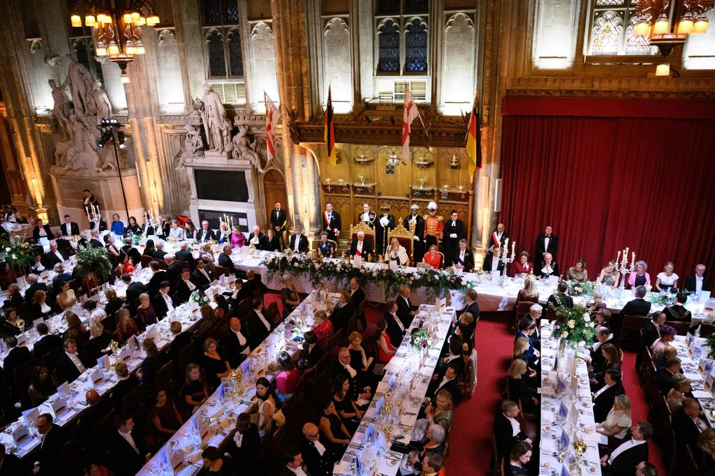 04 December 2025, Great Britain, London: German President Frank-Walter Steinmeier (3rd from left) and his wife Elke BÃ¼denbender (2nd from right) sit next to Gary Langley (l-r), Princess Anne, Susan Langley and Sir Tim Laurence at a dinner in honor of the German President and his wife, given by the Lord Mayor of London ("Lady Mayor") Susan Langley at the Guildhall. Susan Langley is the 697th Lord Mayor of the City of London, the third woman to hold the office and the first to hold the title of Lady Mayor. President Steinmeier and his wife are on a three-day state visit to the United Kingdom of Great Britain and Northern Ireland. Photo: Bernd von Jutrczenka/dpa (Photo by Bernd von Jutrczenka/picture alliance via Getty Images)