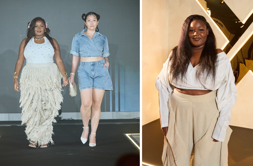 UK designer Fungai Sarah Muzoroza (left) takes to the catwalk with her model, and poses after the show