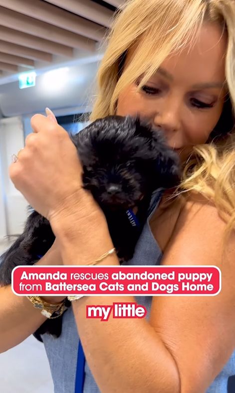 Amanda Holden holding a black puppy