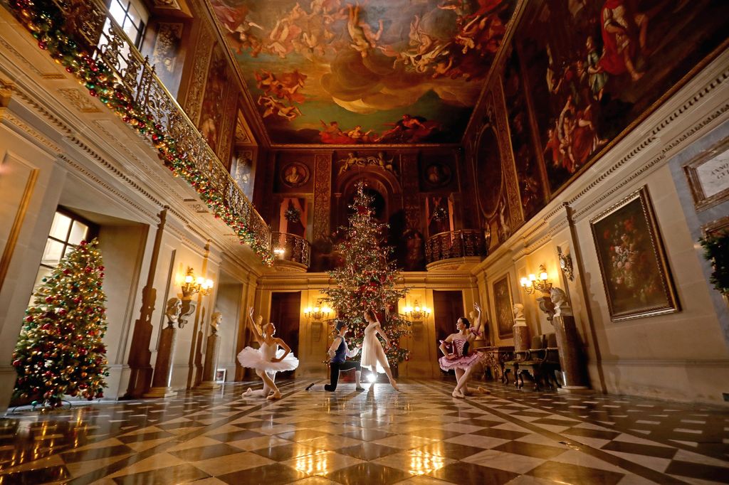 CHATSWORTH, ENGLAND - NOVEMBER 04:  Ballet dancers, (L-R) Daisy Kerry, Benjamin Jones, Daisy Edwards and Alice Rathbone, from The Claire Dobinson School of Dance, pose for photographers as they recreate The Nutcracker in the painted hall of Chatsworth House, as the stately home's pantomine themed Christmas events are installed on November 4, 2016 in Chatsworth, England. The Derbyshire stately home of the Duke and Duchess of Devonshire has been transformed for the festive season into scenes from the The Nutcracker. This years festive attraction runs from 5 November 2016 - 3 January 2017.  (Photo by Christopher Furlong/Getty Images)