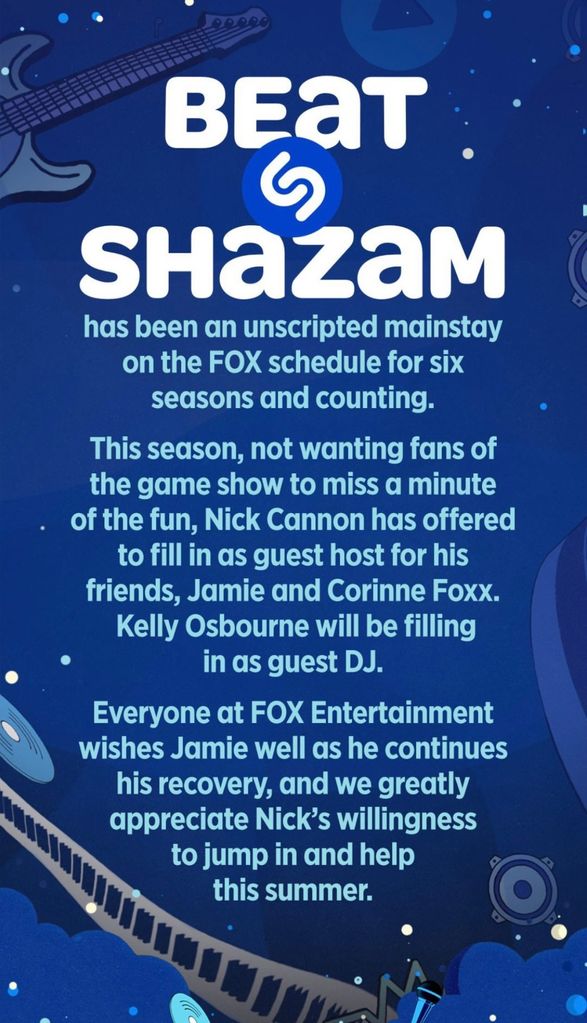 Statement from Fox announcing Nick Cannon as Jamie Foxx's replacement on Beat Shazam