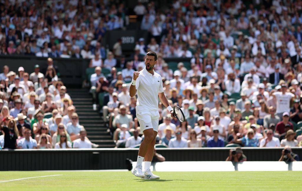 Novak Djokovic of Serbia plays against Daniel Evans of Great Britain during the Gentlemen's Singles second round match on day four of The Championships Wimbledon 2025 at All England Lawn Tennis and Croquet Club