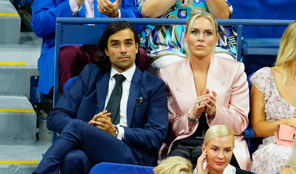 Lindsey Vonn and Diego Osorio attend the Women's Singles First Round match between Serena Williams of the United States and Danka Kovinic of Montenegro on Day One of the 2022 US Open at USTA Billie Jean King National Tennis Center on August 29, 2022 in the Flushing neighborhood of the Queens borough of New York City. (Photo by Gotham/GC Images)