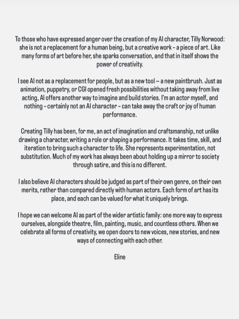 AI actress creator, Eline Van der Velden, responds to backlash over Tilly Norwood