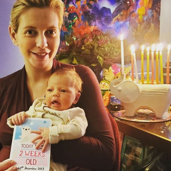 rachel riley with baby maven at home