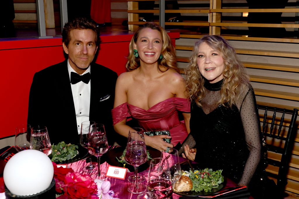 (L-R) Ryan Reynolds, Blake Lively and Elaine Lively attend the 2025 TIME100 Gala at Jazz at Lincoln Center on April 24, 2025 in New York City