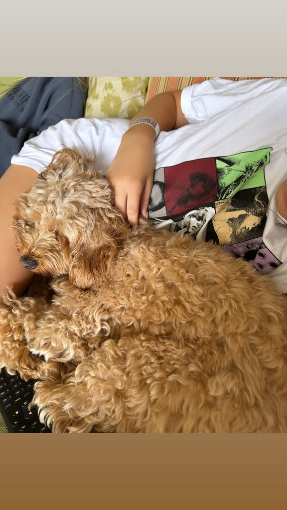 Emma Bunton Kind Tate liegt auf dem Sofa mit Hund