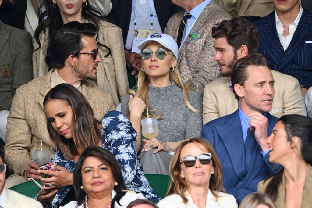 Jonathan Bailey, Ariana Grande, Andrew Garfield and Tom Hiddleston watch Carlos Alcaraz vs Novak Djokovic in the Wimbledon 2023 men's final on Centre Court during day fourteen of the Wimbledon Tennis Championships at the All England Lawn Tennis and Croquet Club on July 16, 2023 in London, England. 