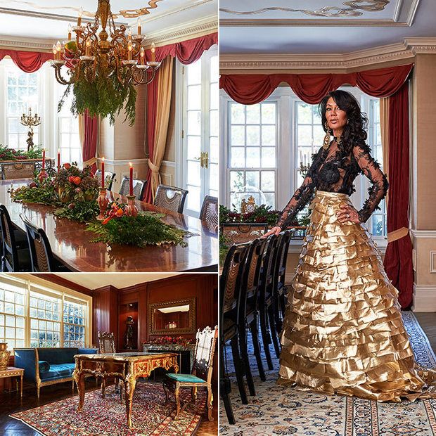 Ann Kaplan Mulholland in a gold skirt in her dining room. Also included is a picture of the study.