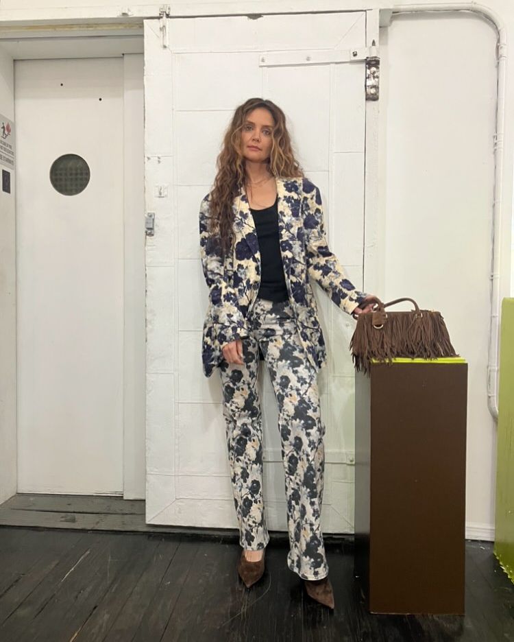 Katie Holmes floral suit brown heels