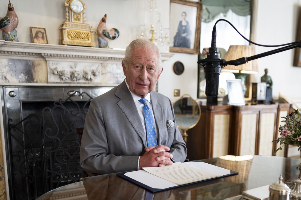 King Charles III recording a VJ Day message in the Morning Room of Clarence House, London