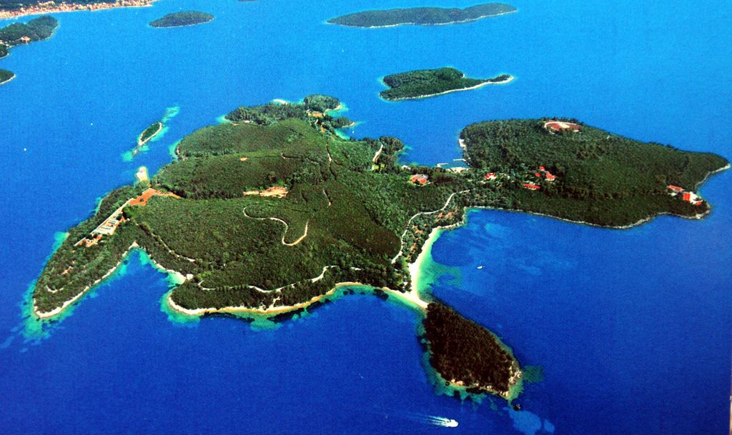 An aerial shot of the Greek island of Skorpios