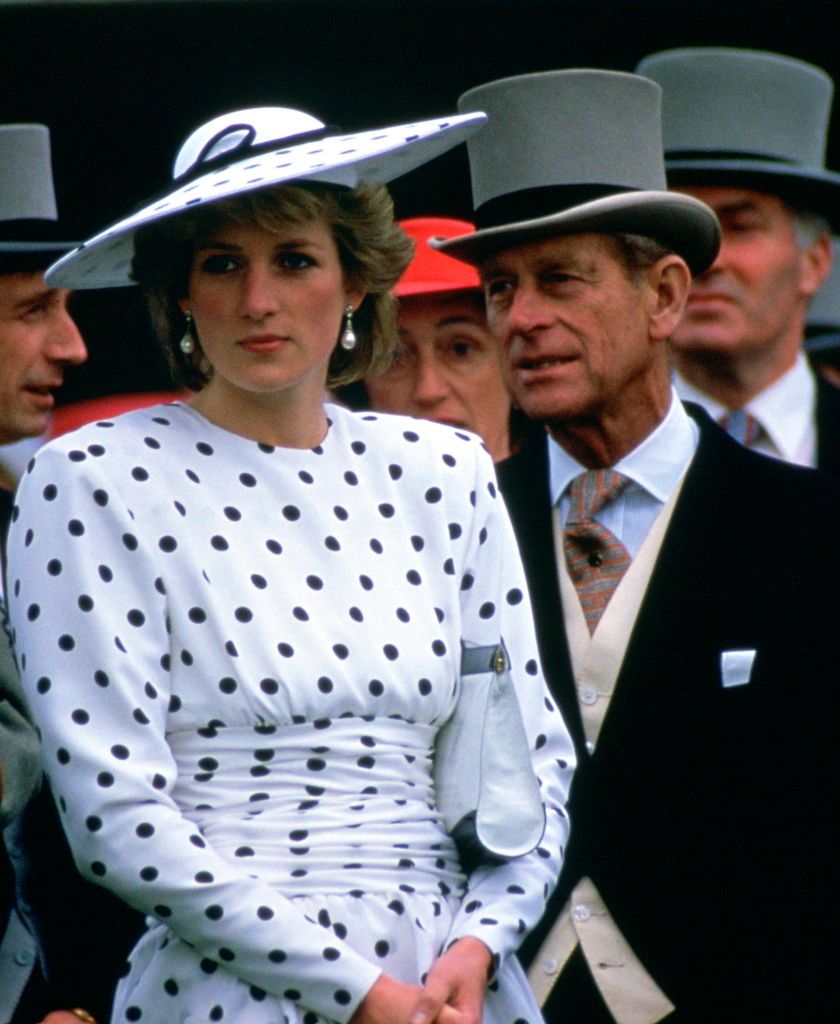 EPSOM, UNITED KINGDOM - JUNE 04:  Diana, Princess Of Wales With Prince Philip On Derby Day.  Princess Diana Is Wearing A Polka Dot Day Dress Designed By Fashion Designer Victor Edelstein.  (Photo by Tim Graham Photo Library via Getty Images)
