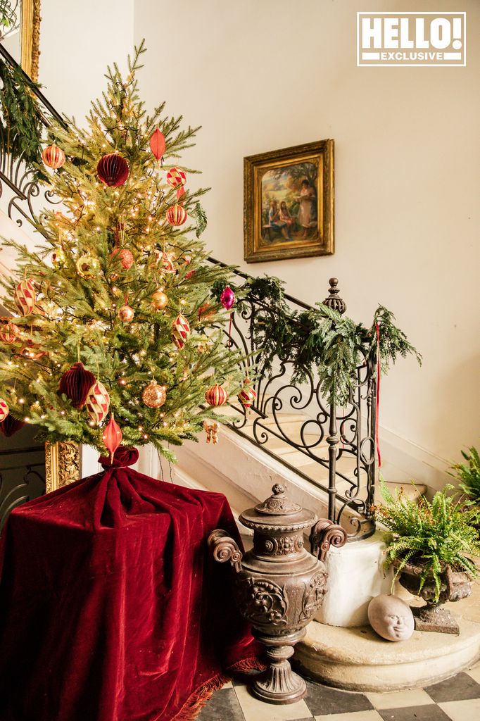 Catherine Roger's Christmas tree by staircase at Chateau Marcellus near Bordeaux