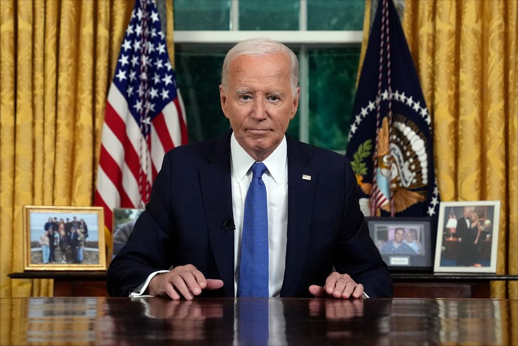 U.S. President Joe Biden concludes his address to the nation from the Oval Office of the White House on July 24, 2024 in Washington, DC. The president addressed reasons for abruptly ending his run for a second term after initially rejecting calls from some top Democrats to do so, and outlined what he hopes to accomplish in his remaining months in office.