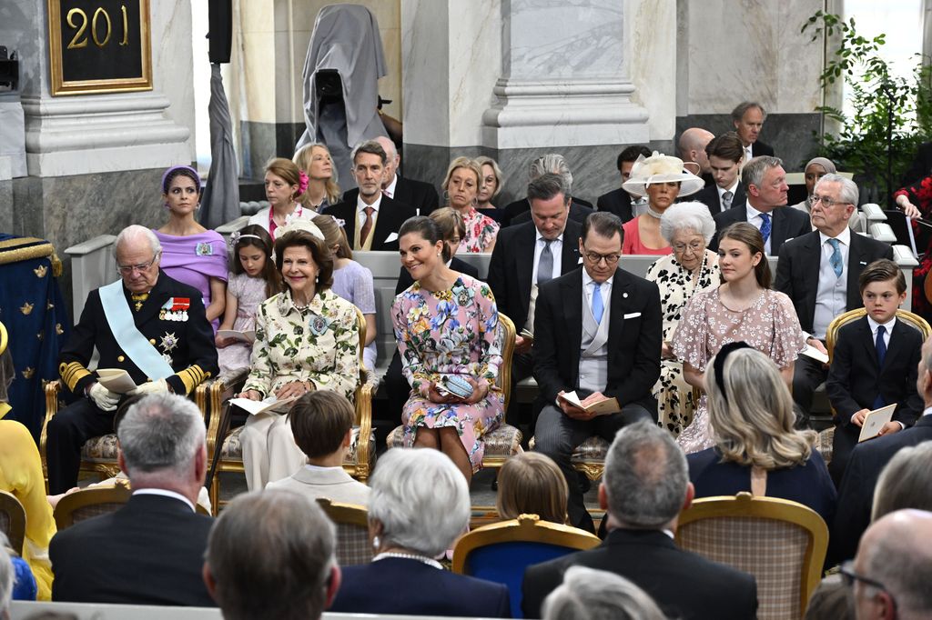 King Carl Gustaf, Queen Silvia, Crown Princess Victoria, Prince Daniel, Princess Estelle and Prince Oscar during Princess Ines' christening