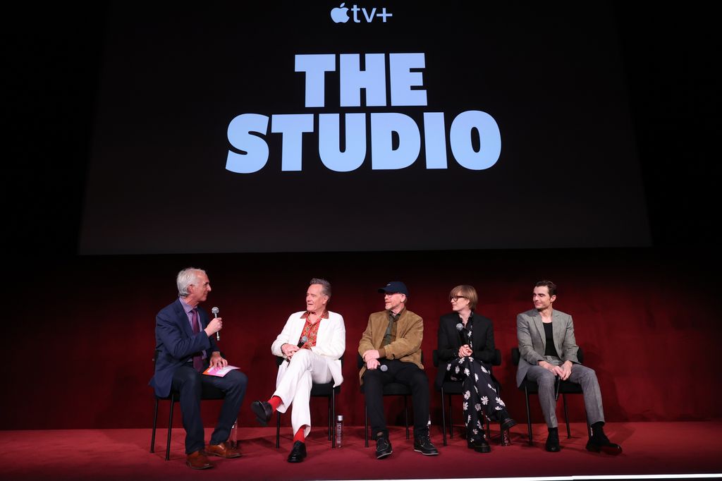Scott Mantz, Bryan Cranston, Ron Howard, Sarah Polley and Dave Franco seen at âThe Studioâ FYC event at the Think Apple TV+ Emmy House on May 21, 2025 in Los Angeles, California