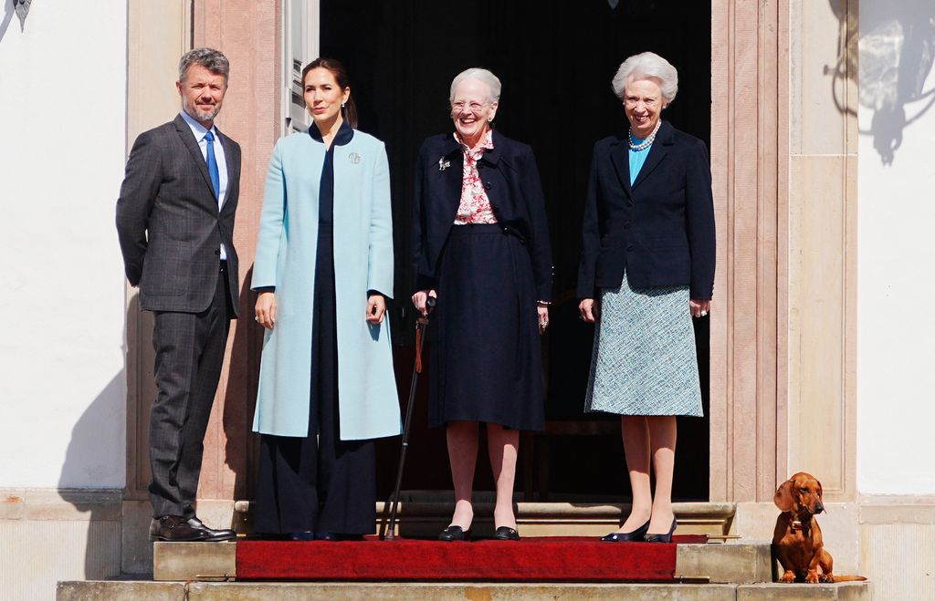Queen Margrethe II  (2ndR) together with Denmark's Princess Benedikte (R), Queen Mary of Denmark and King Frederik X of Denmark greet onlookers at Fredensborg Castle  ahead of festivities of Queen Margrethe's 84th birthday