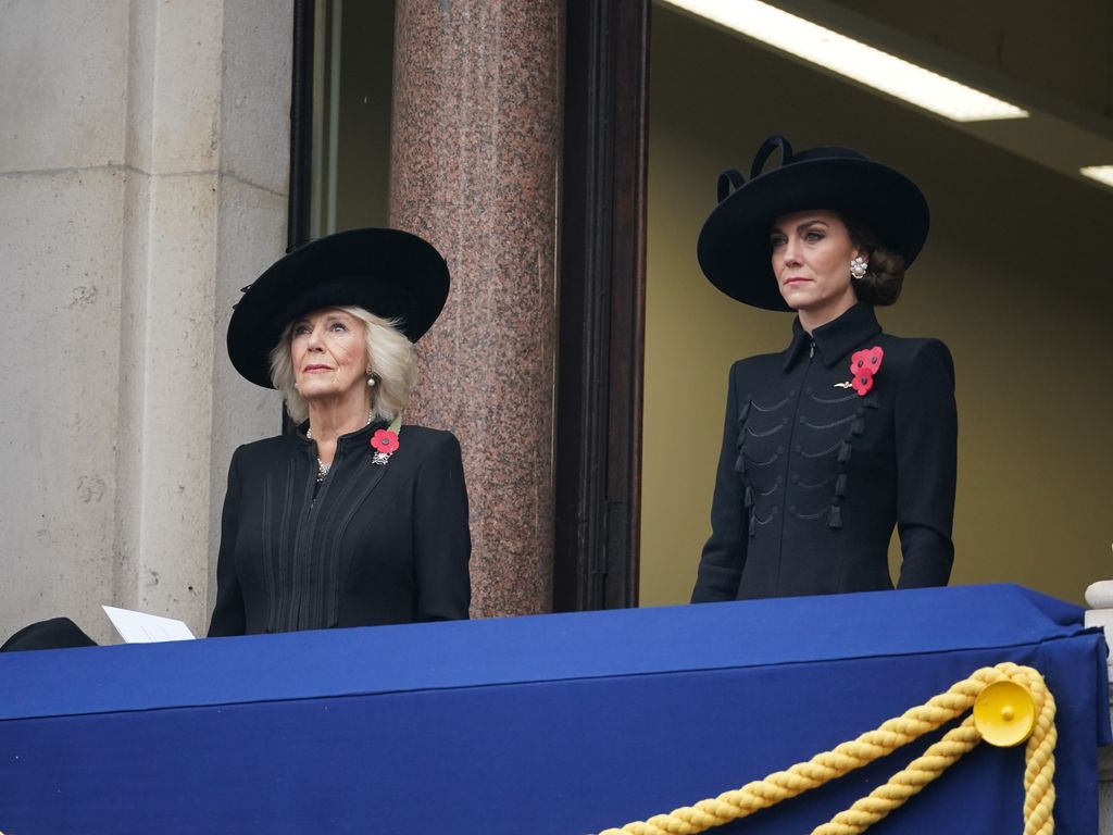 The Queen and Princess of Wales watch Remembrance Sunday service