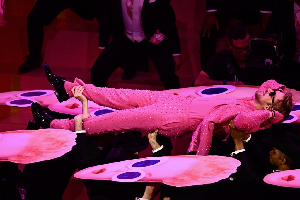 Canadian actor Ryan Gosling performs "I'm Just Ken" from "Barbie" onstage during the 96th Annual Academy Awards at the Dolby Theatre in Hollywood, California on March 10, 2024.