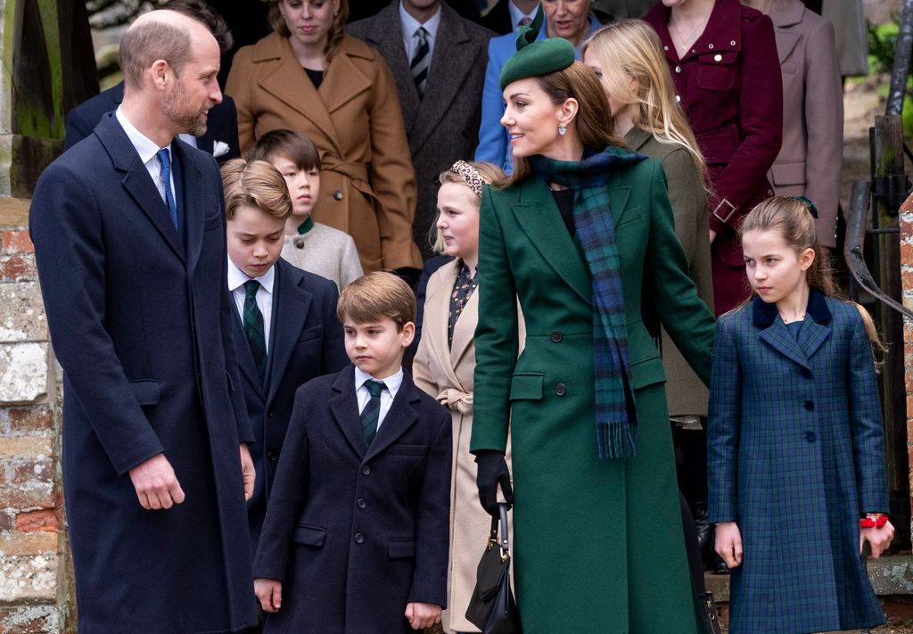 Prince William, Prince of Wales and Catherine, Princess of Wales with Prince George of Wales, Princess Charlotte of Wales and Prince Louis of Wales attend the Christmas Morning Service at St Mary Magdalene Church on December 25, 2024 in Sandringham, Norfolk. (Photo by Mark Cuthbert/UK Press via Getty Images)