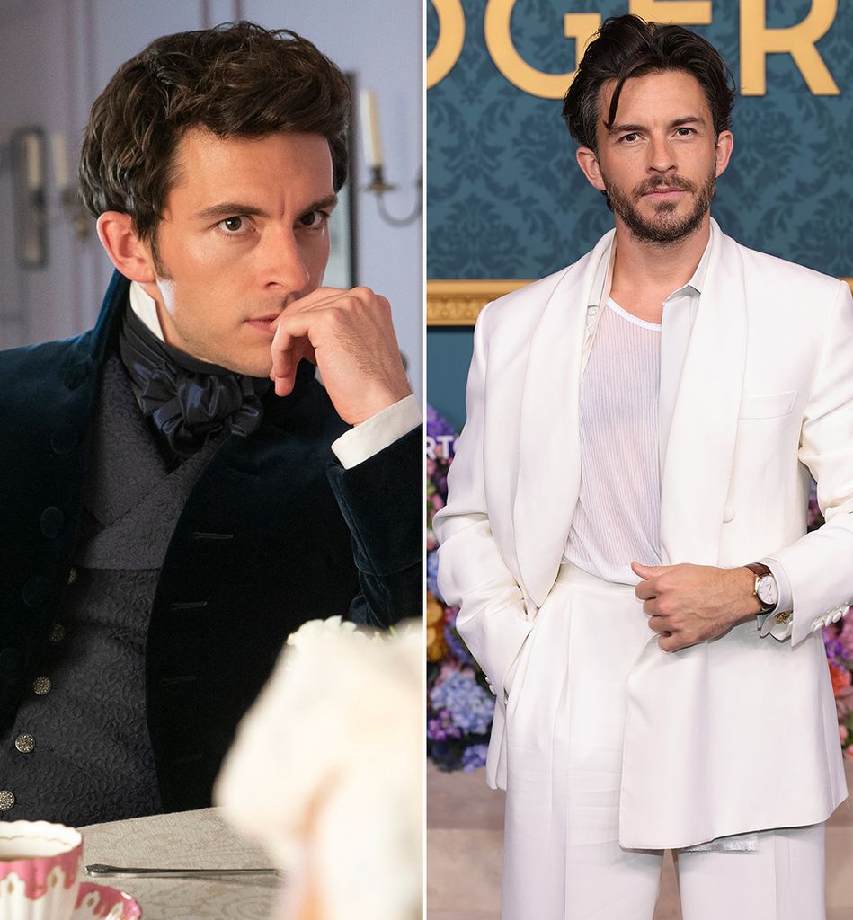 Split image of Jonathan Bailey as Anthony in Bridgerton, and in a white suit at the premiere