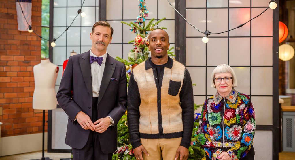 Patrick Grant, Kiell Smith-Bynoe, Esme Young on The Great British Sewing Bee: Celebrity Christmas Special 2023