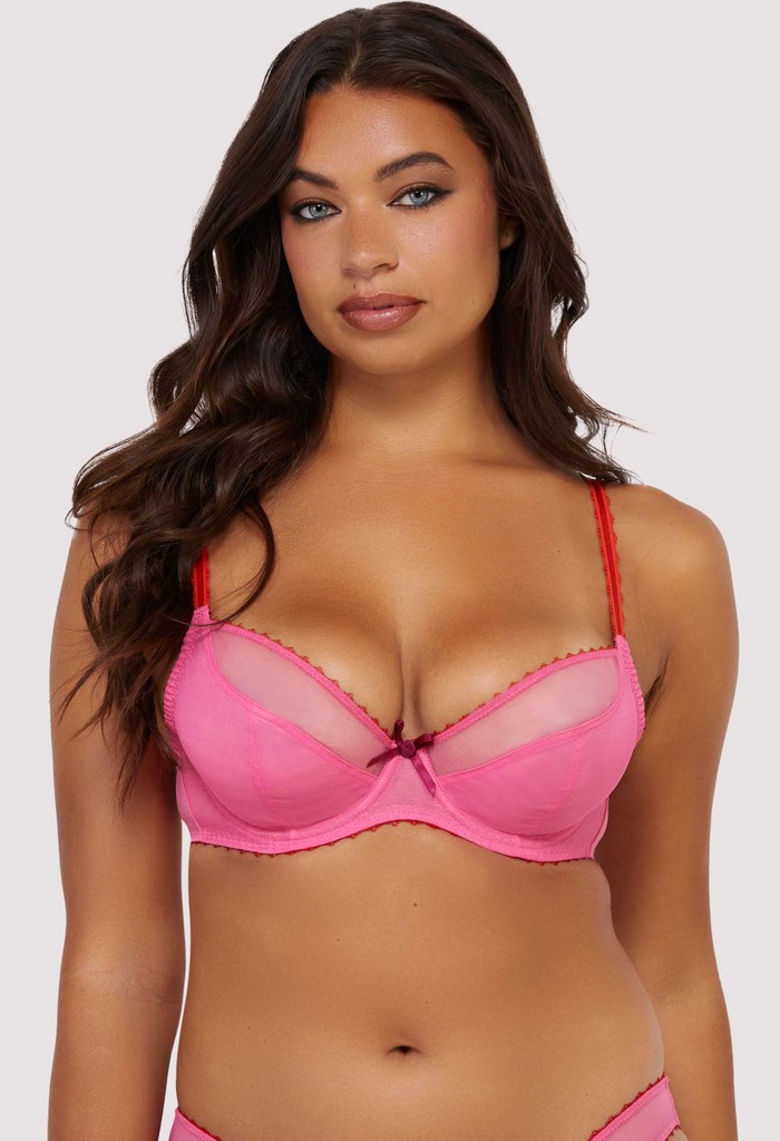 model in pink mesh bra