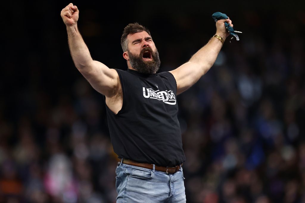 PHILADELPHIA, PENNSYLVANIA - APRIL 06: Former NFL player Jason Kelce reacts following a match during Night One of WrestleMania 40 at Lincoln Financial Field on April 06, 2024 in Philadelphia, Pennsylvania.  (Photo by Tim Nwachukwu/Getty Images)